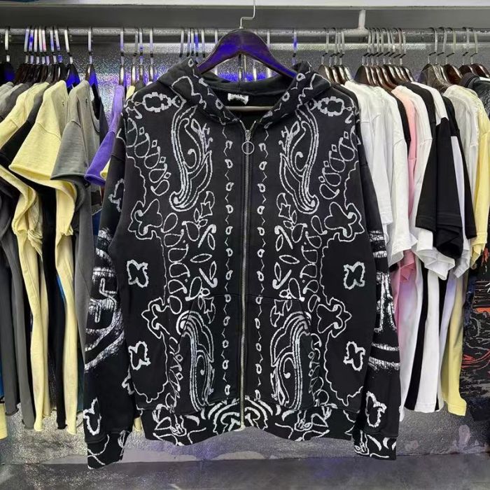 All Over Paisley Print Back Badge Zip Up Loose Fit Hoodie 2 colors 29493544