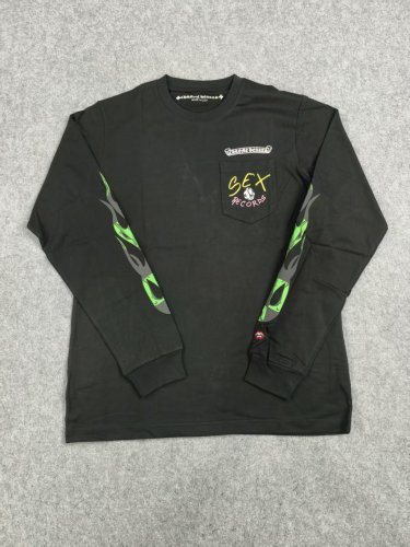 1:1 quality version Green Gradient Flame Arm & Checkered Flag Print Long Sleeve T-Shirt 29096833