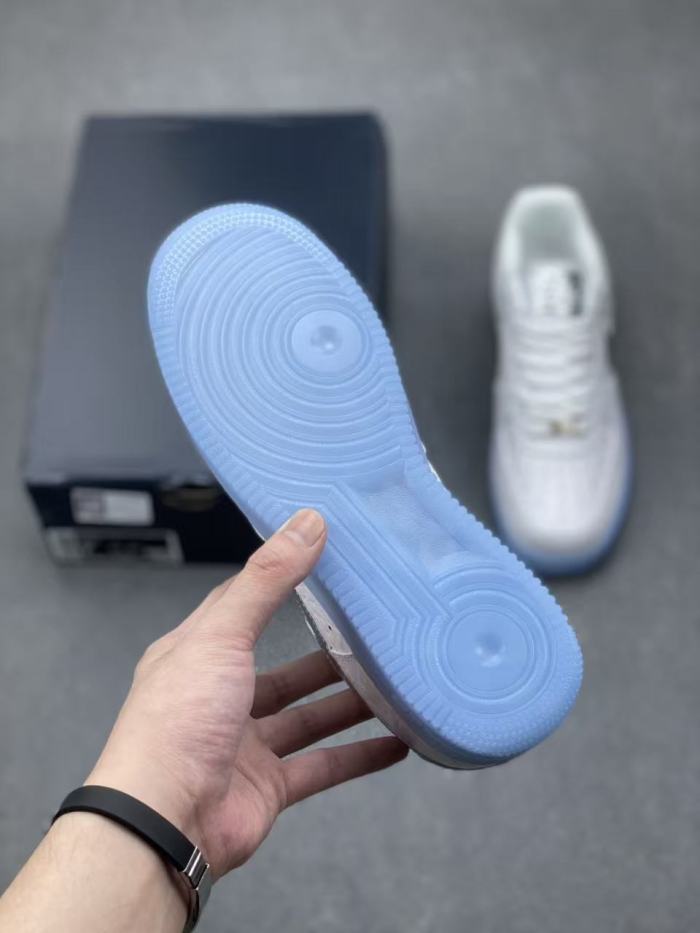 Air Force 1 Low White Embossed Metallic Silver Swoosh Ice Blue Crystal Sole Sneakers 29498210