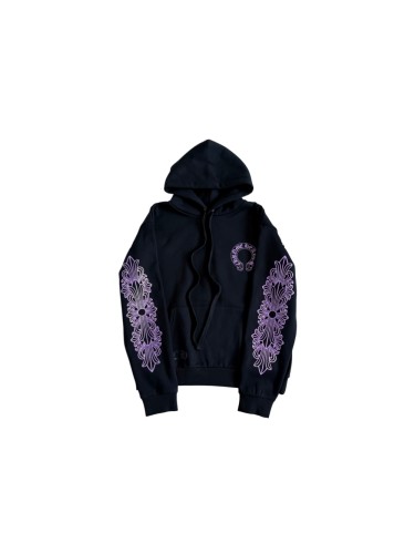 1:1 quality version Purple Glitter Horseshoe Logo Sleeve Floral Cross Drawstring Hoodie 29501893