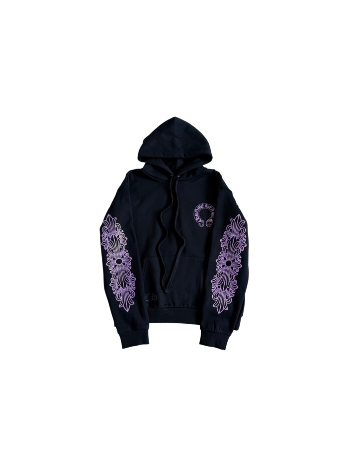 1:1 quality version Purple Glitter Horseshoe Logo Sleeve Floral Cross Drawstring Hoodie 29501893