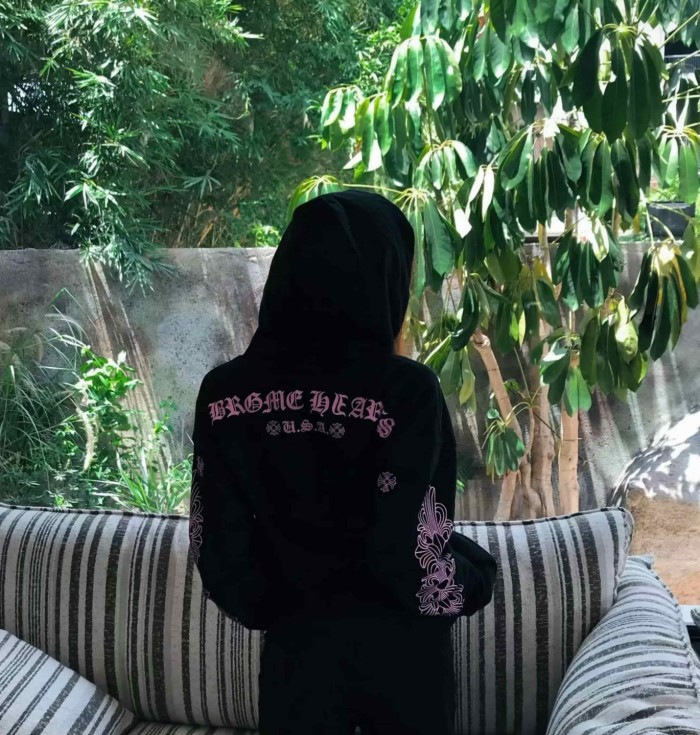 1:1 quality version Purple Glitter Horseshoe Logo Sleeve Floral Cross Drawstring Hoodie 29501893