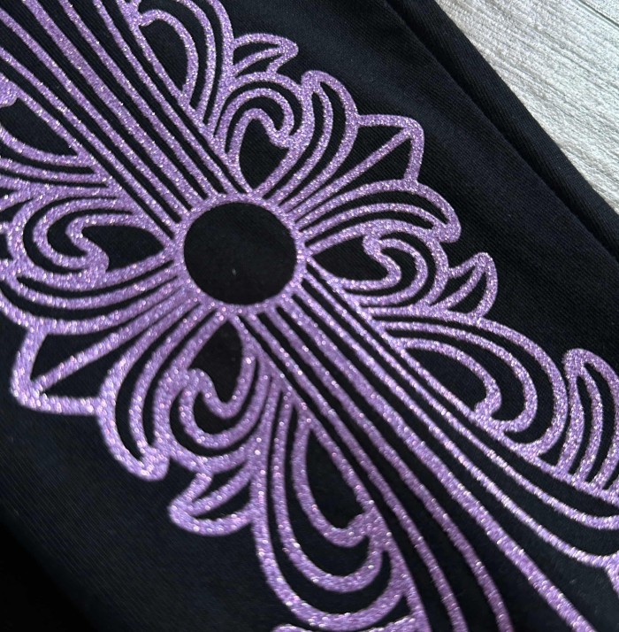 1:1 quality version Purple Glitter Horseshoe Logo Sleeve Floral Cross Crewneck Long Sleeve Tee 29501899