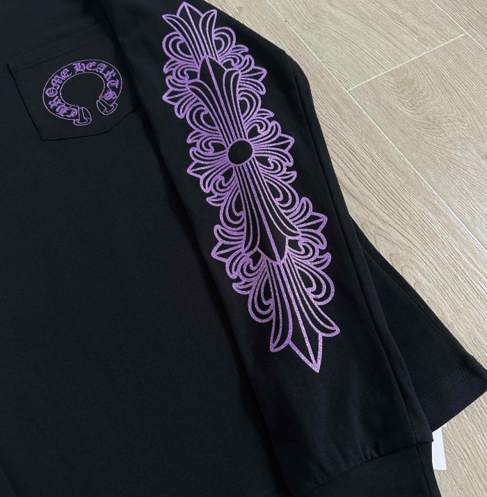 1:1 quality version Purple Glitter Horseshoe Logo Sleeve Floral Cross Crewneck Long Sleeve Tee 29501899