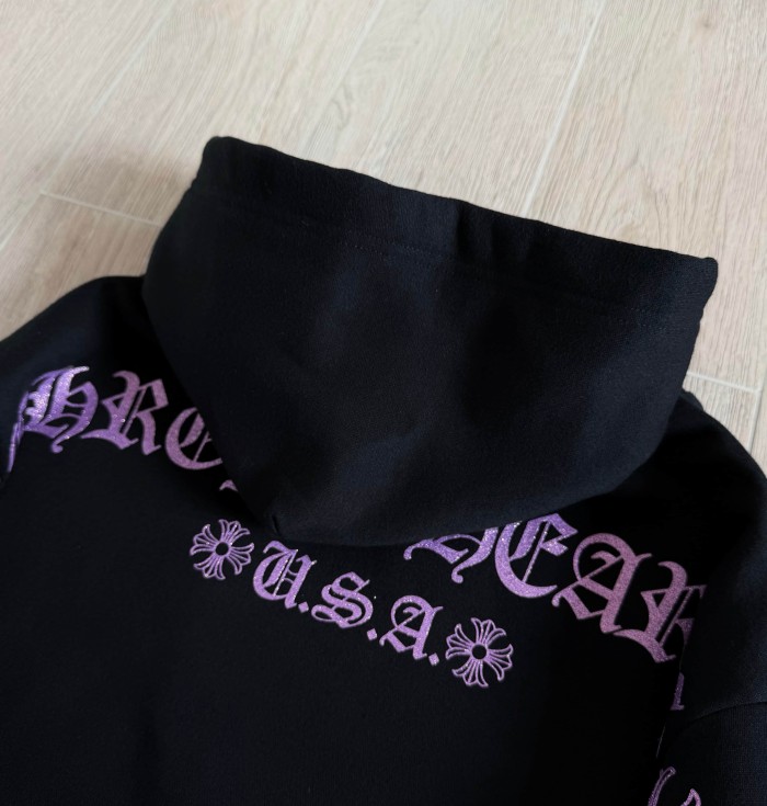 1:1 quality version Purple Glitter Horseshoe Logo Sleeve Floral Cross Drawstring Hoodie 29501893