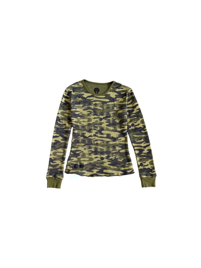 1:1 quality version Camo Waffle Knit Cross Embroidery CH Logo Fitted Long Sleeve Tee for girls 29501856