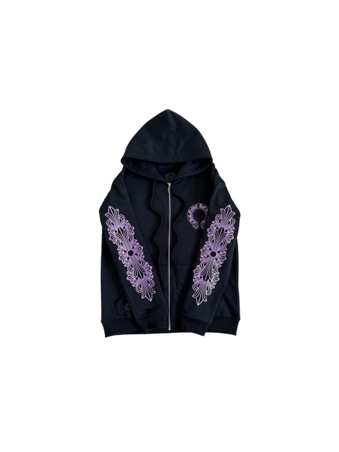 1:1 quality version Purple Glitter Horseshoe Logo Sleeve Floral Cross Drawstring Full Zip Hoodie 29501943