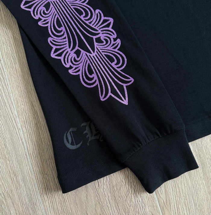 1:1 quality version Purple Glitter Horseshoe Logo Sleeve Floral Cross Crewneck Long Sleeve Tee 29501899