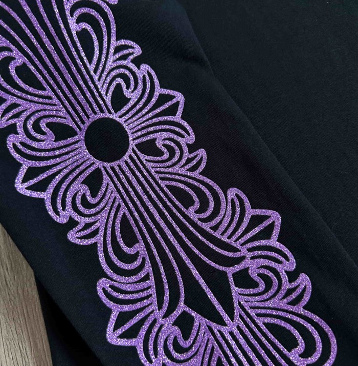 1:1 quality version Purple Glitter Horseshoe Logo Sleeve Floral Cross Crewneck Long Sleeve Tee 29501899