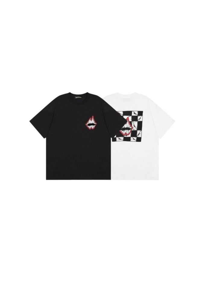 Chest Grin Mouth Back Checkerboard Eye Teeth Print Crew Neck Tee 2 colors 29502250