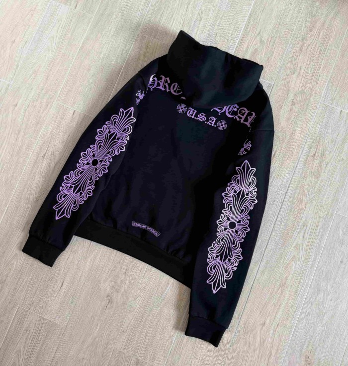 1:1 quality version Purple Glitter Horseshoe Logo Sleeve Floral Cross Drawstring Hoodie 29501893