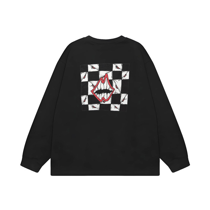 Chest Grin Mouth Back Checkerboard Eye Teeth Print Oversized Long Sleeve Tee 2 colors 29502202