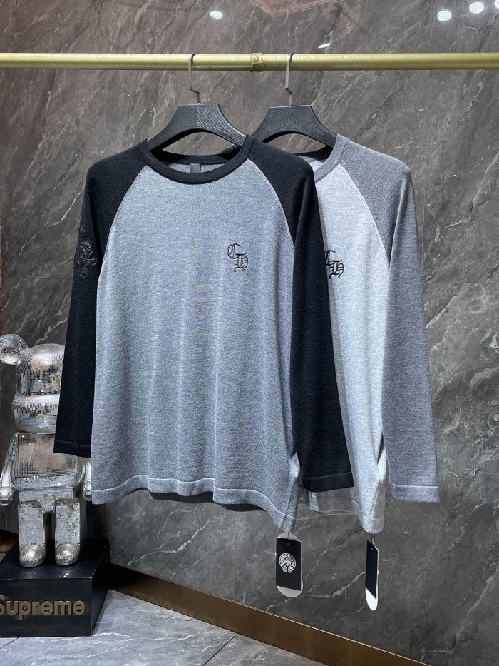 Cross Patch Leather Embroidery Crewneck Color Block Raglan Wool Knit Long Sleeve T-Shirt 2 colors 29504096