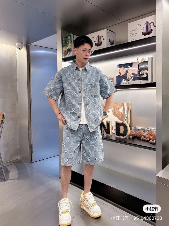 1:1 quality version Washed Checkerboard Cube Jacquard Oversized Straight Denim Shorts 29503998