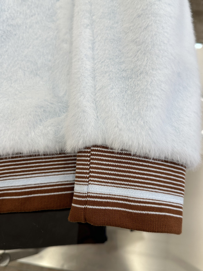 1:1 quality version Light Blue Fuzzy Stripe Rib Leather Patch Full Zip Jacket 29511065