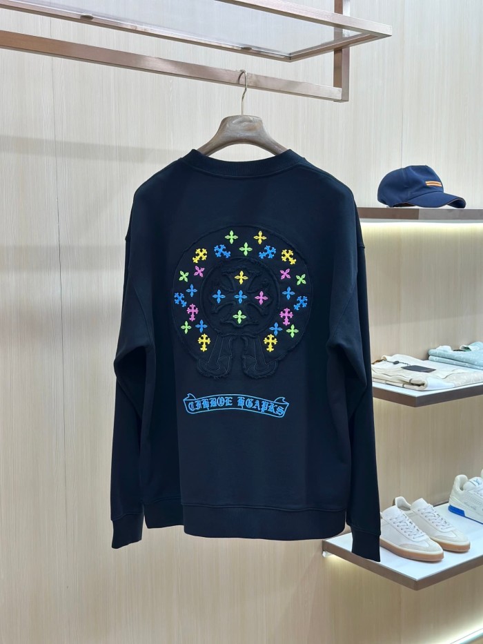 Colorful Cross Floral Horseshoe Embroidery Patch Raw Edge Crewneck Sweatshirt 2 Colors 29510938