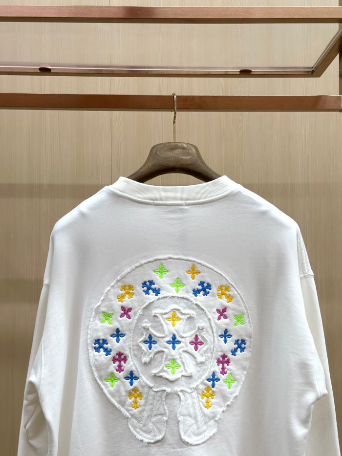 Colorful Cross Floral Horseshoe Embroidery Patch Raw Edge Crewneck Sweatshirt 2 Colors 29510938