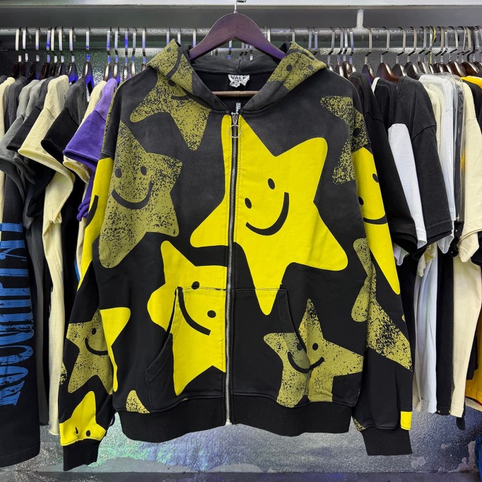 All Over Yellow Olive Smiley Star Print Full Zip Hoodie 29520201