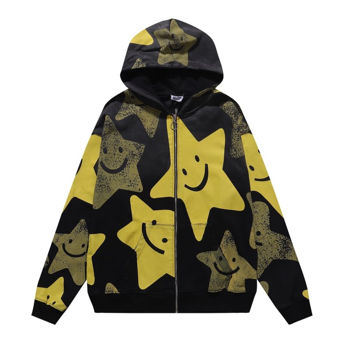 All Over Yellow Olive Smiley Star Print Full Zip Hoodie 29520201