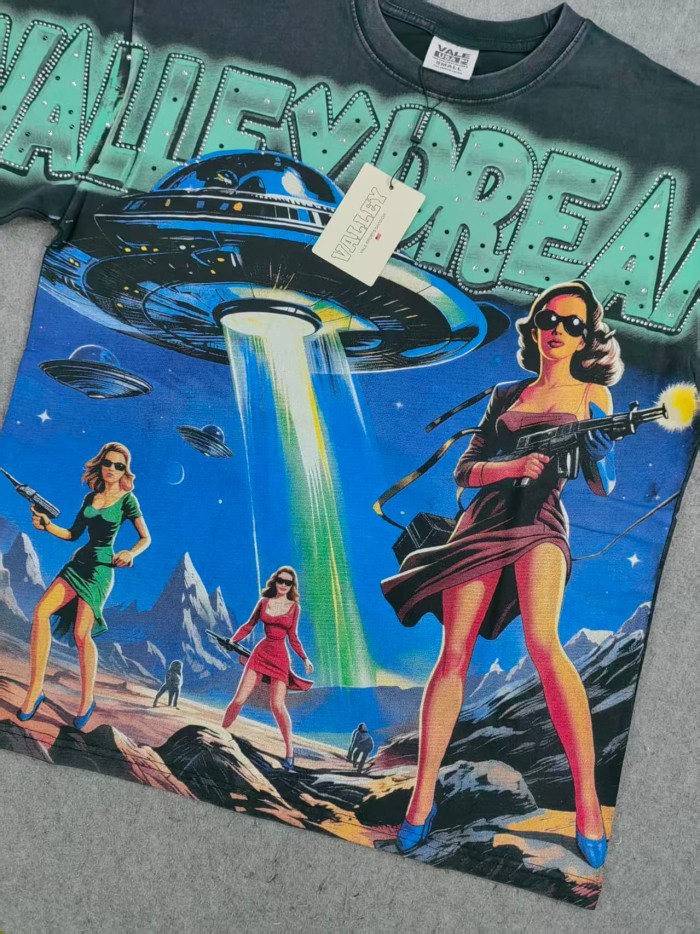 Bling Rhinestone Top Letter Vintage UFO Cowgirl Alien Desert Full Print Tee 29305175