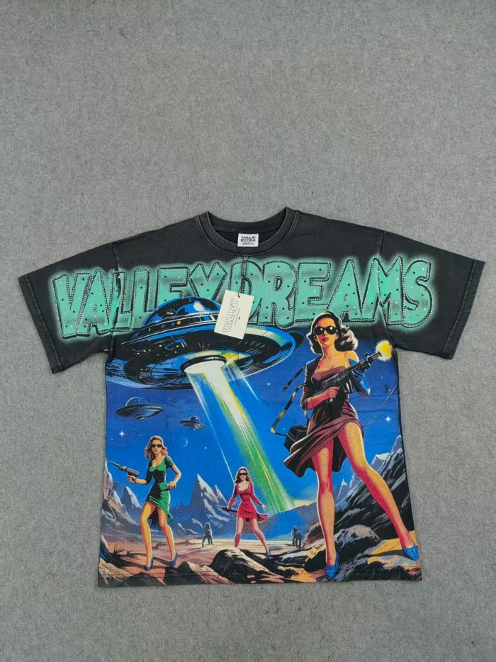 Bling Rhinestone Top Letter Vintage UFO Cowgirl Alien Desert Full Print Tee 29305175