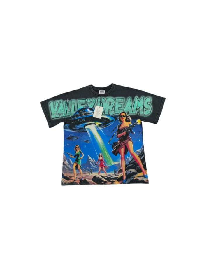 Bling Rhinestone Top Letter Vintage UFO Cowgirl Alien Desert Full Print Tee 29305175