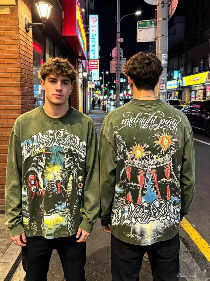 Wash Rhinestone Gothic Letter Skulls Toasting Cup Fireworks Long Sleeve T-shirt 2 colors 29524943