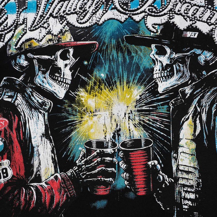 Wash Rhinestone Gothic Letter Skulls Toasting Cup Fireworks Long Sleeve T-shirt 2 colors 29524943