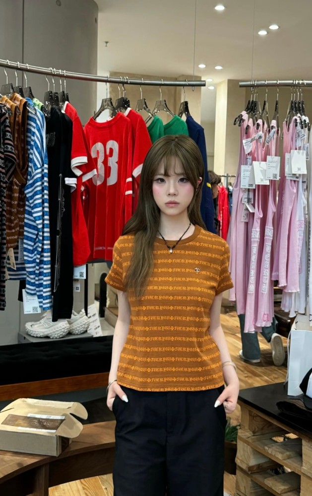 1:1 quality version Brown All Over CH Letter Cross Jacquard Stripe Cropped Tee for girls 29527336