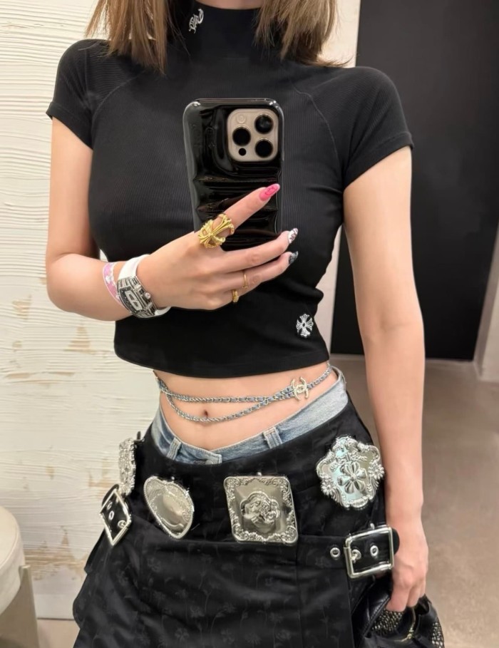 1:1 quality version Mock Neck Collar CH Script Embroidery Hem Cross Flower Tee for girls 3 colors 29527352
