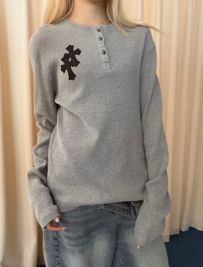 1:1 quality version Chest Sheepskin Cross Embroidery Button Waffle Long Sleeve Tee 3 colors 29530636