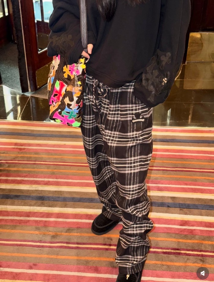 1:1 quality version Sheepskin Cross Pure Cotton Flannel Black Grey Plaid Straight Loose Pants 29530860