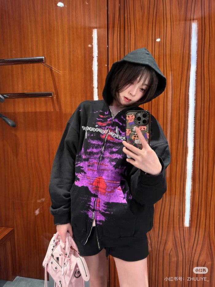 1:1 quality version Sunset Palm Print Script Logo Frayed Hem Full Zip Oversized Hoodie 29533347