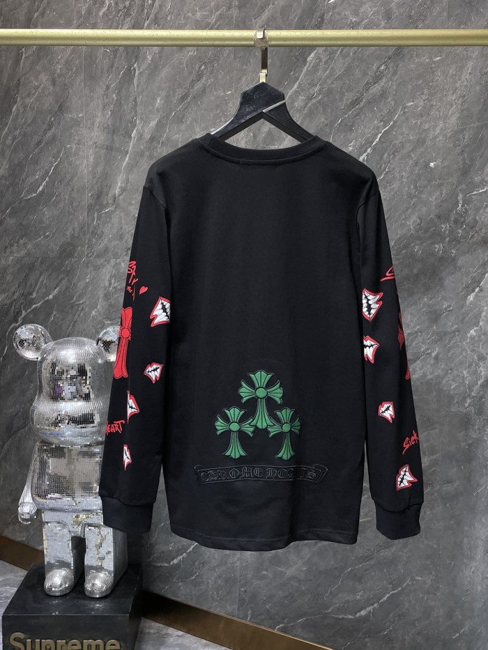 MattyBoy Red Lip Cross Stitch Embroidery Leather Spliced Long Sleeve Tee 2 colors 29533478