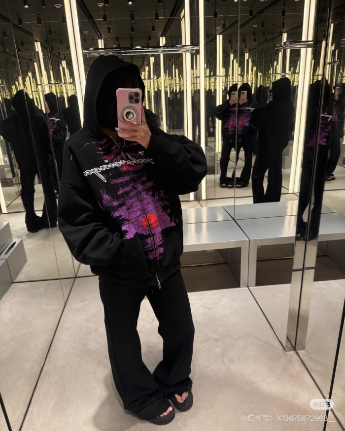 1:1 quality version Sunset Palm Print Script Logo Frayed Hem Full Zip Oversized Hoodie 29533347