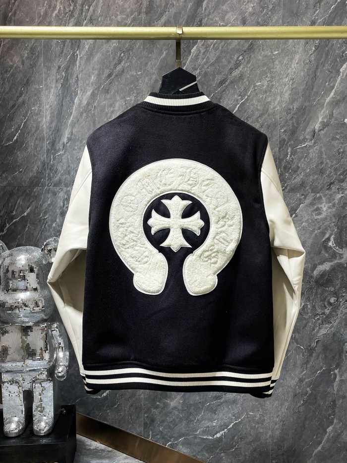 Sanskrit Cross Wool Leather Sleeve Spliced Thickened Baseball Jacket 29533457