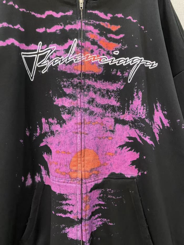 1:1 quality version Sunset Palm Print Script Logo Frayed Hem Full Zip Oversized Hoodie 29533347