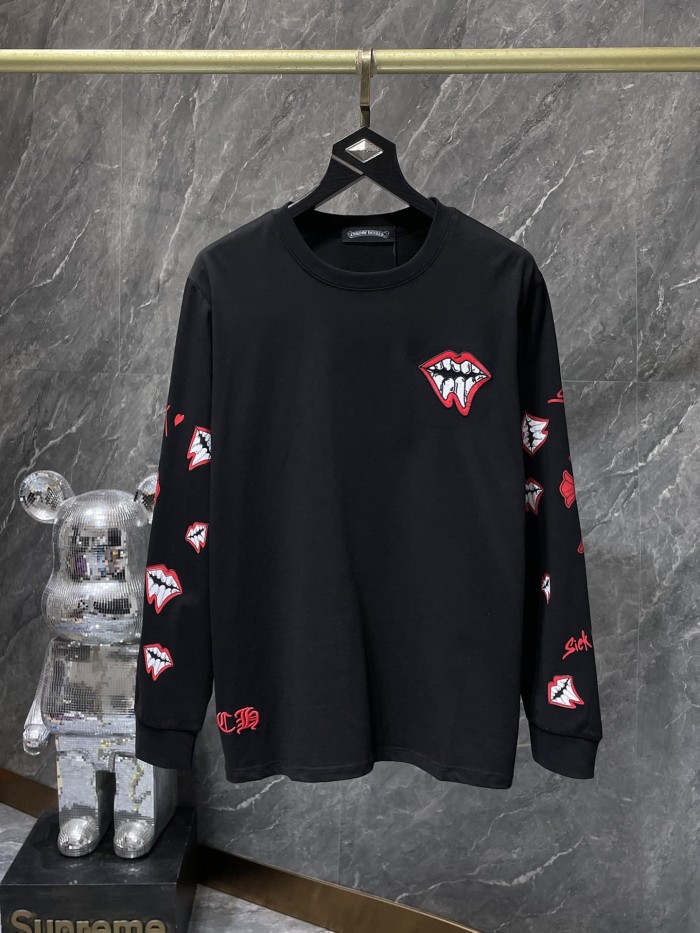 MattyBoy Red Lip Cross Stitch Embroidery Leather Spliced Long Sleeve Tee 2 colors 29533478