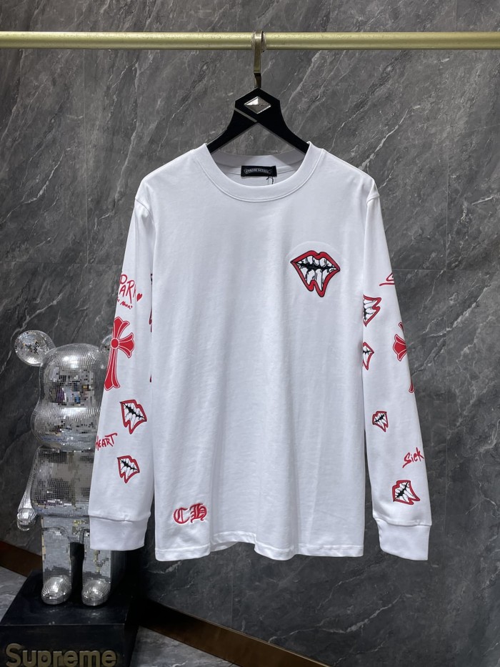 MattyBoy Red Lip Cross Stitch Embroidery Leather Spliced Long Sleeve Tee 2 colors 29533478