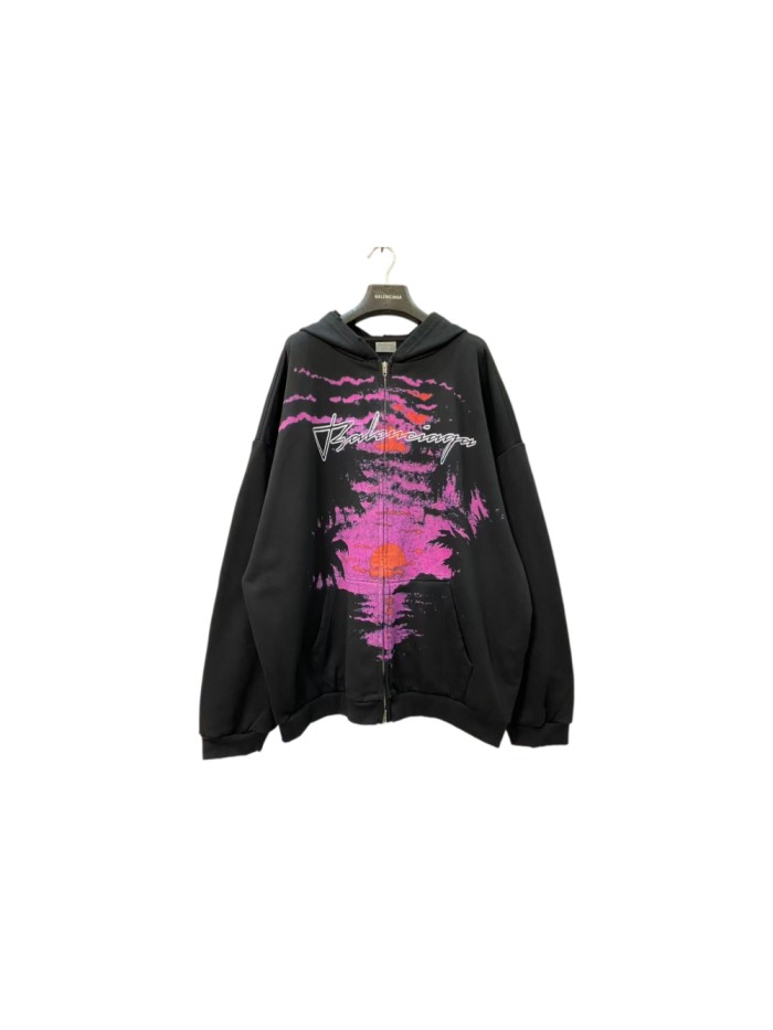 1:1 quality version Sunset Palm Print Script Logo Frayed Hem Full Zip Oversized Hoodie 29533347