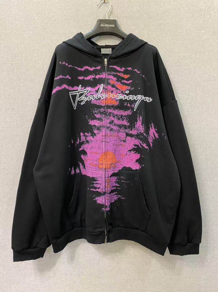 1:1 quality version Sunset Palm Print Script Logo Frayed Hem Full Zip Oversized Hoodie 29533347