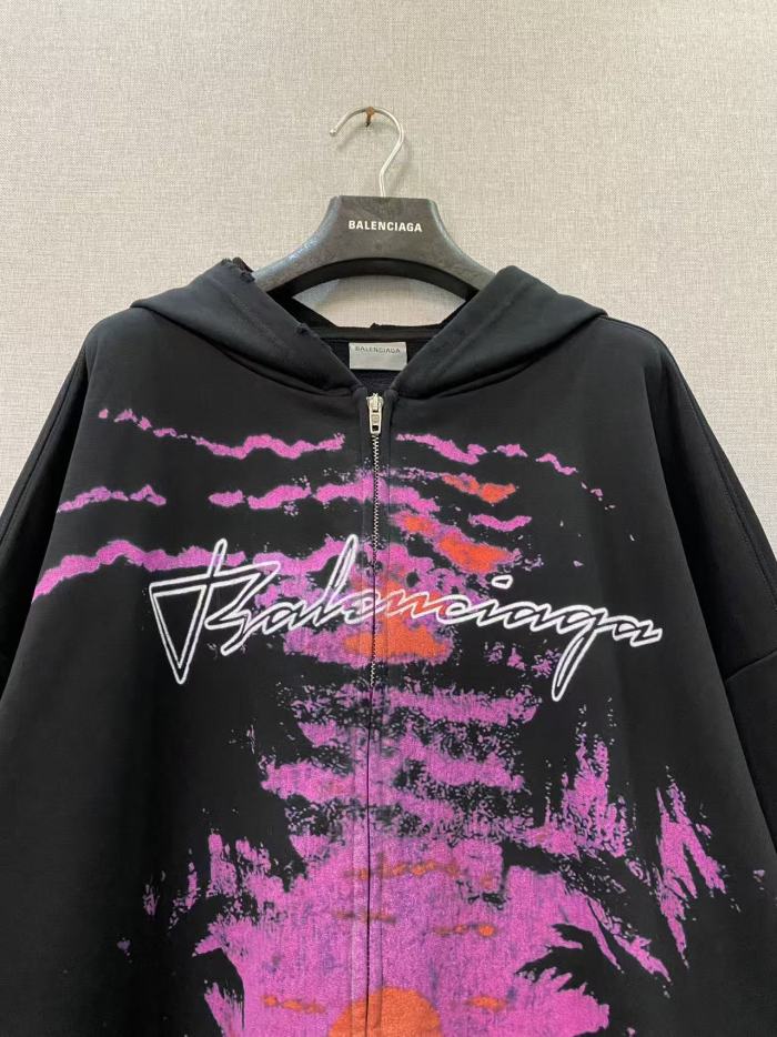 1:1 quality version Sunset Palm Print Script Logo Frayed Hem Full Zip Oversized Hoodie 29533347