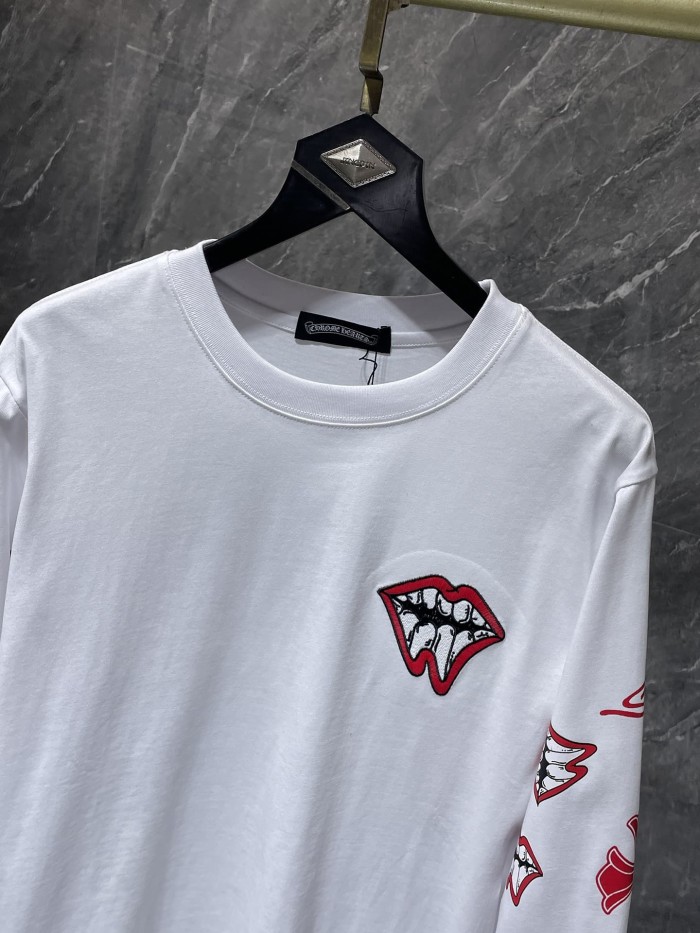 MattyBoy Red Lip Cross Stitch Embroidery Leather Spliced Long Sleeve Tee 2 colors 29533478