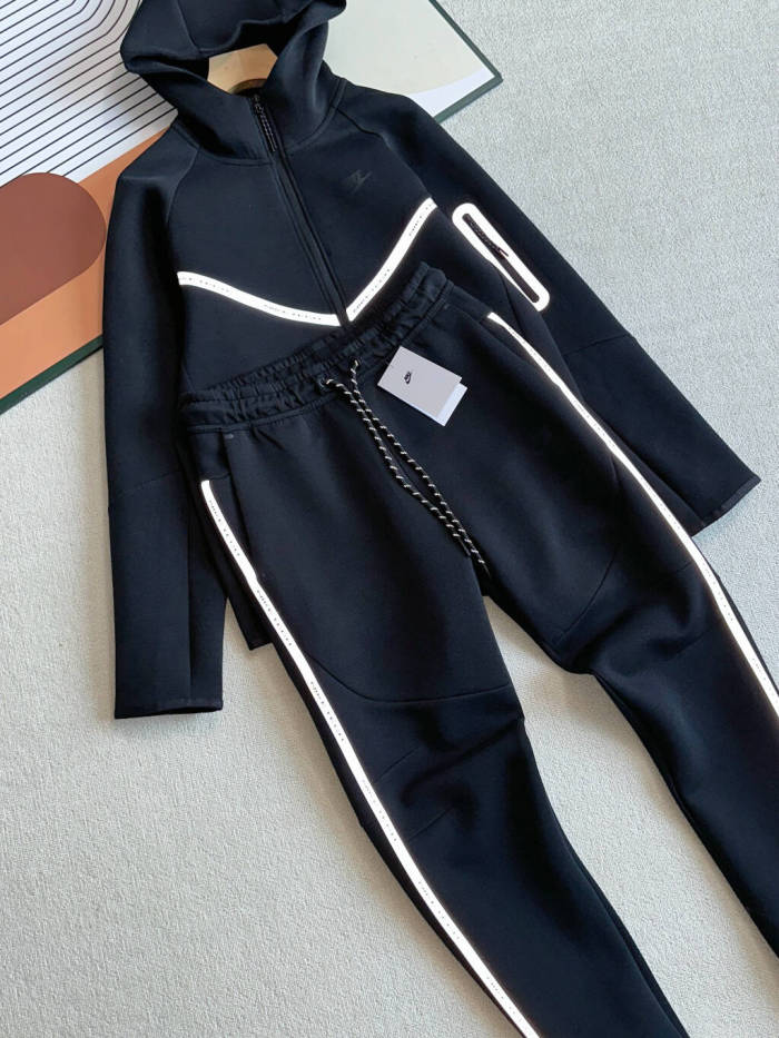 Reflective Stripe With Letter Simple Casual Knit Tracksuit Hoodie & Pants Set 3 colors 29542589