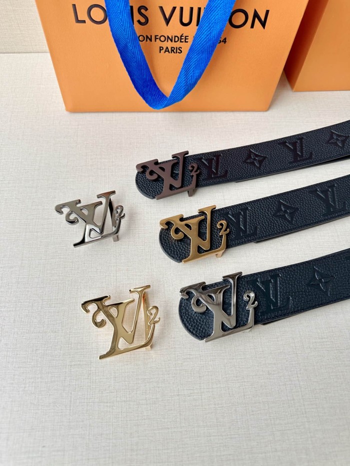 1:1 quality version LV Logo Buckle Strap Litchi Grain Embossed Belt 【Width 4.0 cm】3 colors 29543288