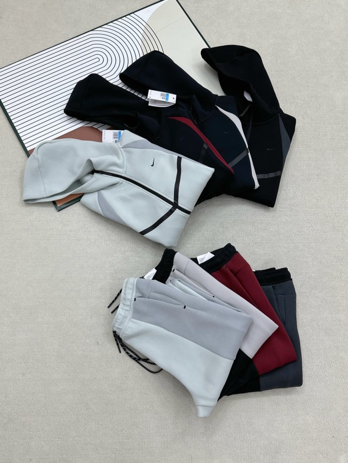 Color Block Side Stripe Small Swoosh Air Layer Cotton Tracksuit Hoodie & Pants Set 4 colors 29543168