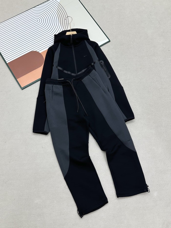 Color Block Side Stripe Small Swoosh Air Layer Cotton Tracksuit Hoodie & Pants Set 4 colors 29543168