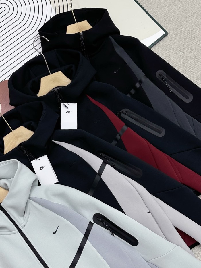 Color Block Side Stripe Small Swoosh Air Layer Cotton Tracksuit Hoodie & Pants Set 4 colors 29543168