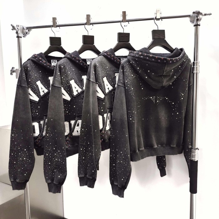 1:1 quality version Wash Allover Rhinestone Frayed Letter Patch Gem Placket Zip Up Hoodie 29545451