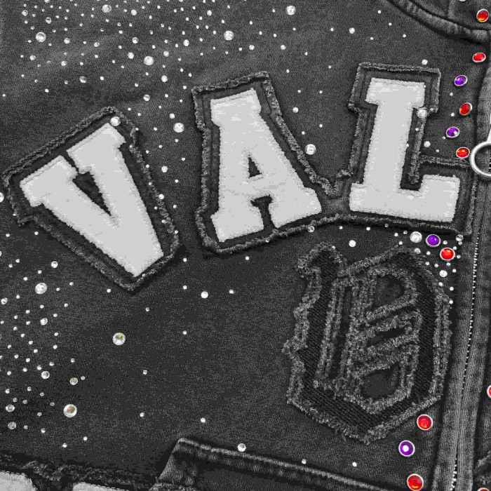 1:1 quality version Wash Allover Rhinestone Frayed Letter Patch Gem Placket Zip Up Hoodie 29545451